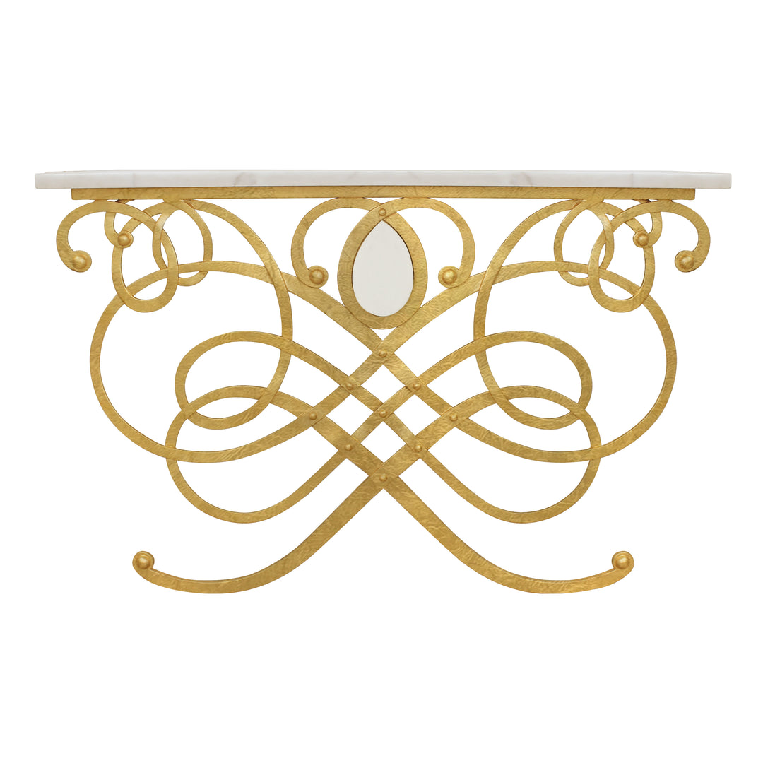 A luxurious metal forged console table inspired by musical notes in a gold leaf finish, topped with white marble