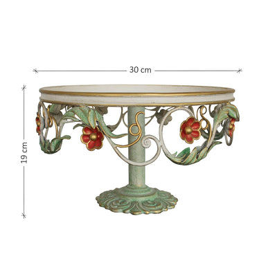 Frontal view of floral-design cake stand inspired by nature with annotated dimensions