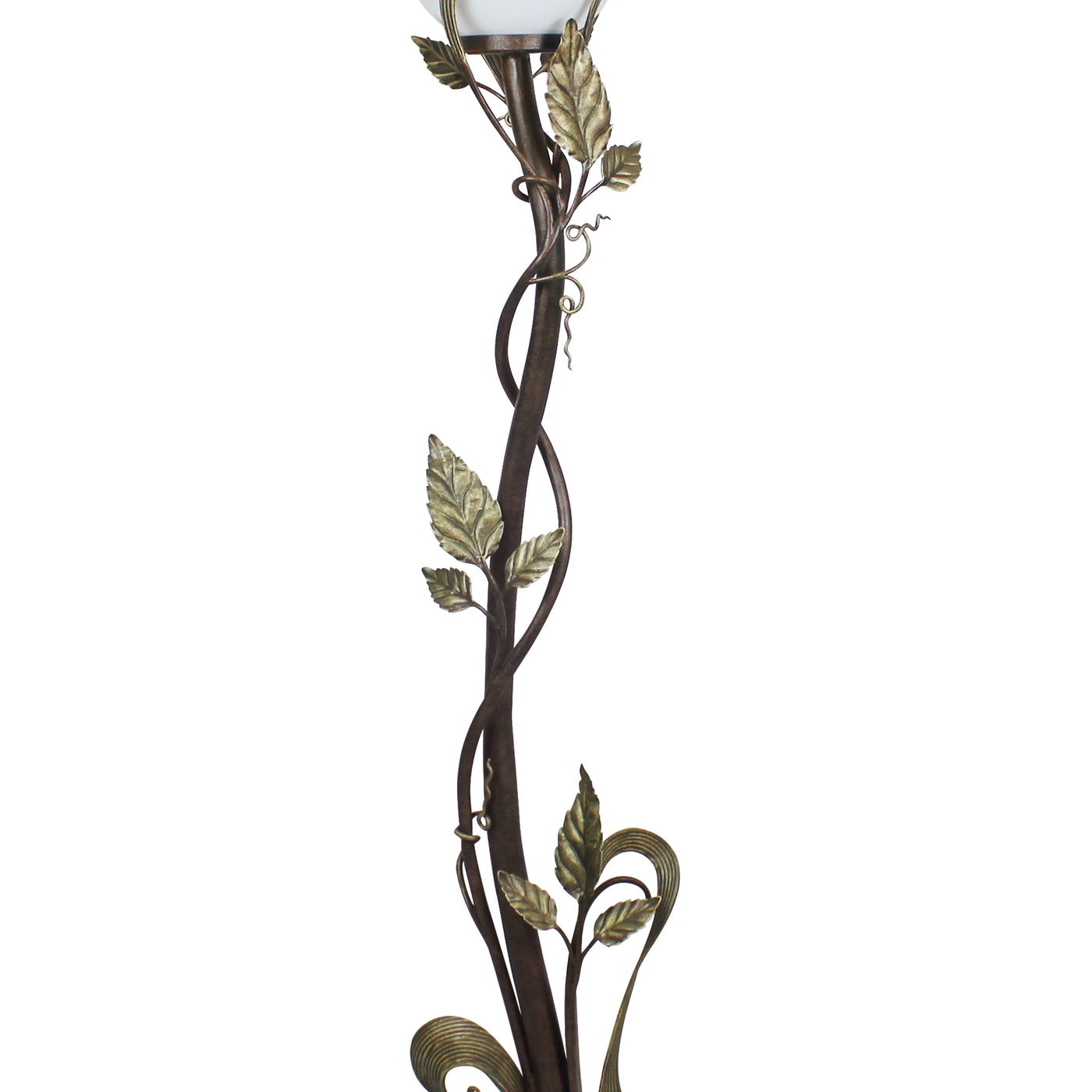 Body of a luxurious wrought iron decorative floor lamp made up of handmade stems and leaves, painted in an antique bronze finish