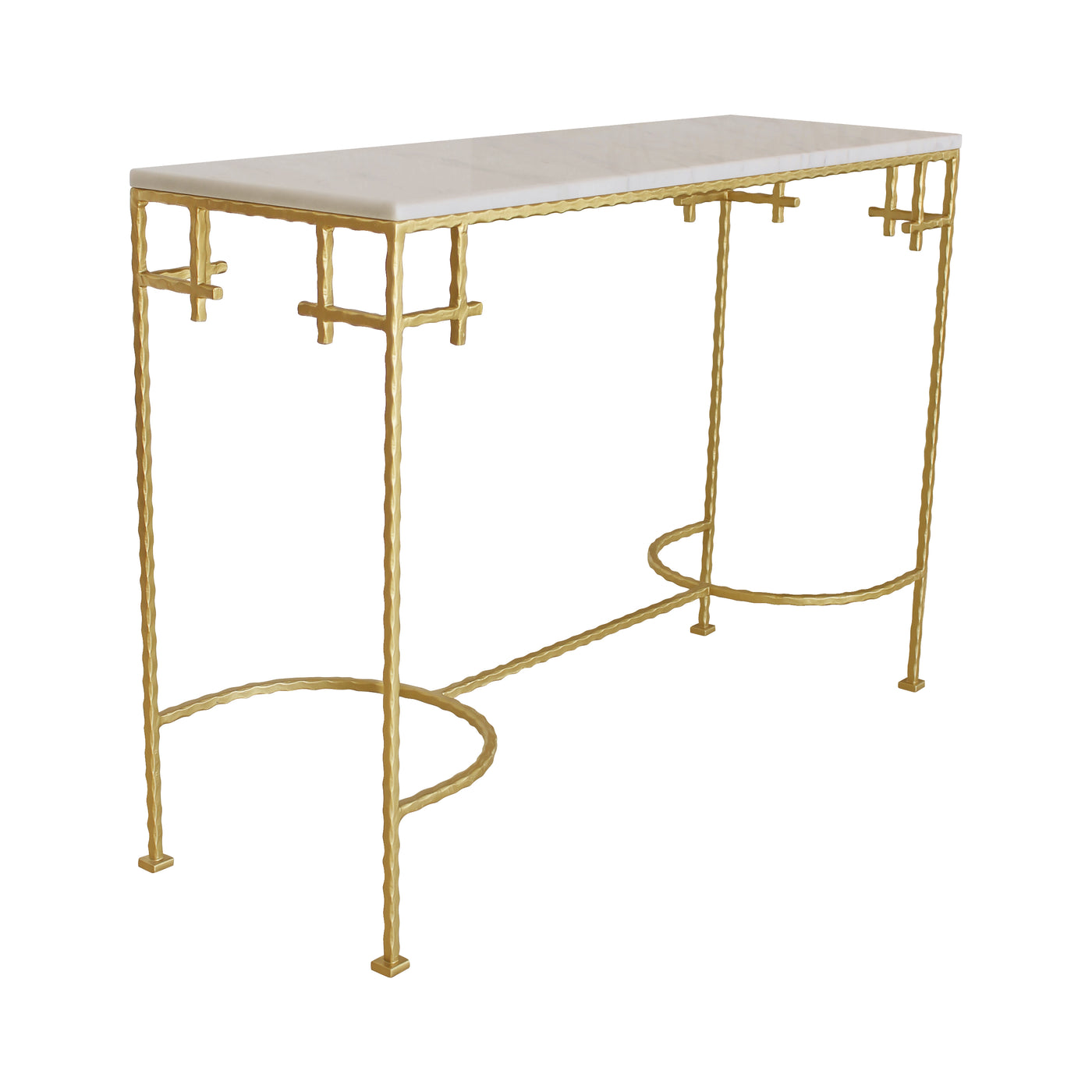 A modern rectangular wrought iron console table in a golden finish, topped with a white marble