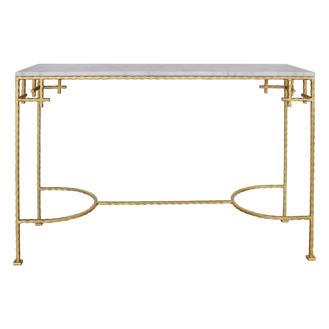 A modern rectangular wrought iron golden console table with a white marble top