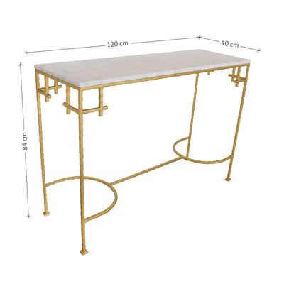 A modern wrought iron golden console with a white marble top; with annotated dimensions