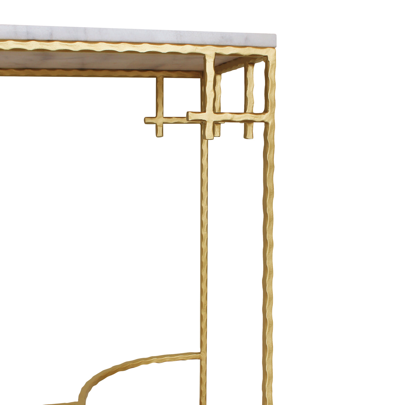 Close up of a wrought iron contemporary golden console table with a white marble top