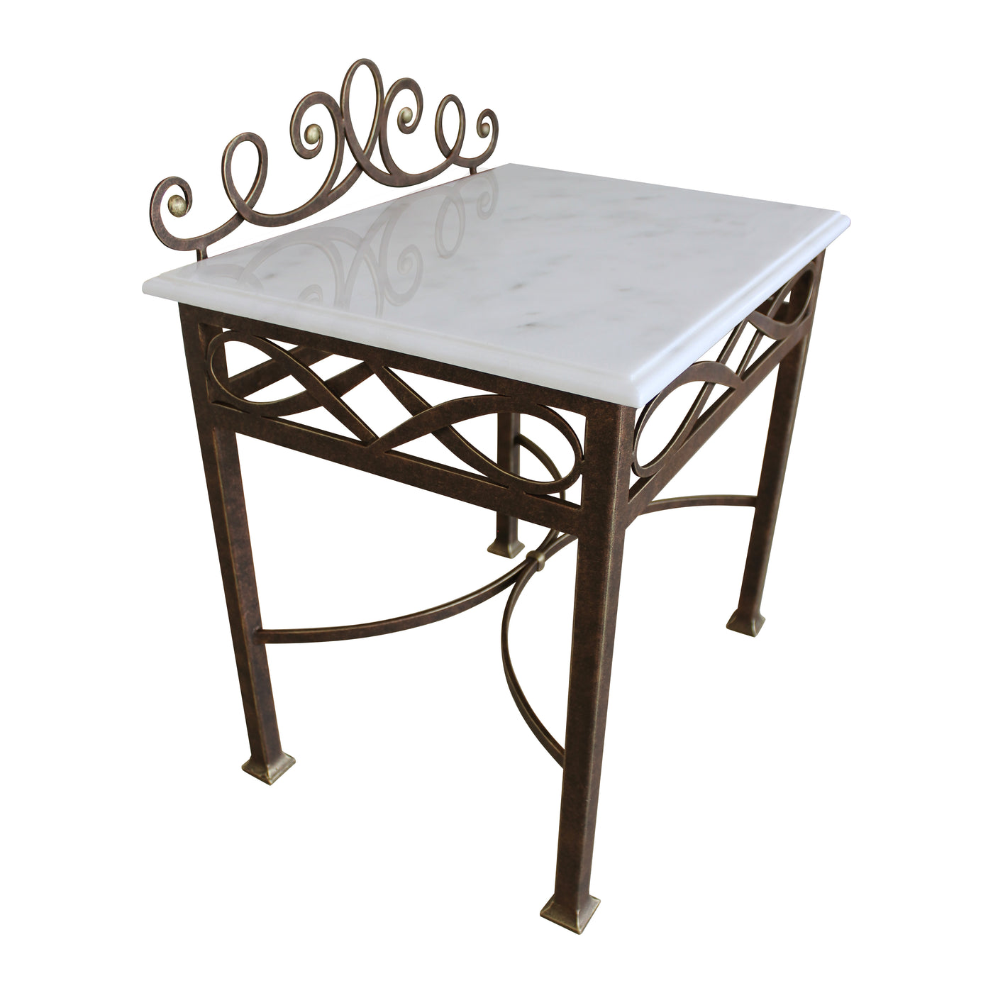 A stylish organic night table painted in antique bronze and topped with white marble
