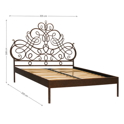 A luxurious wrought iron king sized bed with an organic style painted in an antique bronze finish; with annotated dimensions