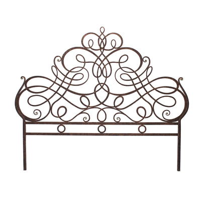 A luxurious metal king sized headboard with an organic style painted in an antique bronze finish