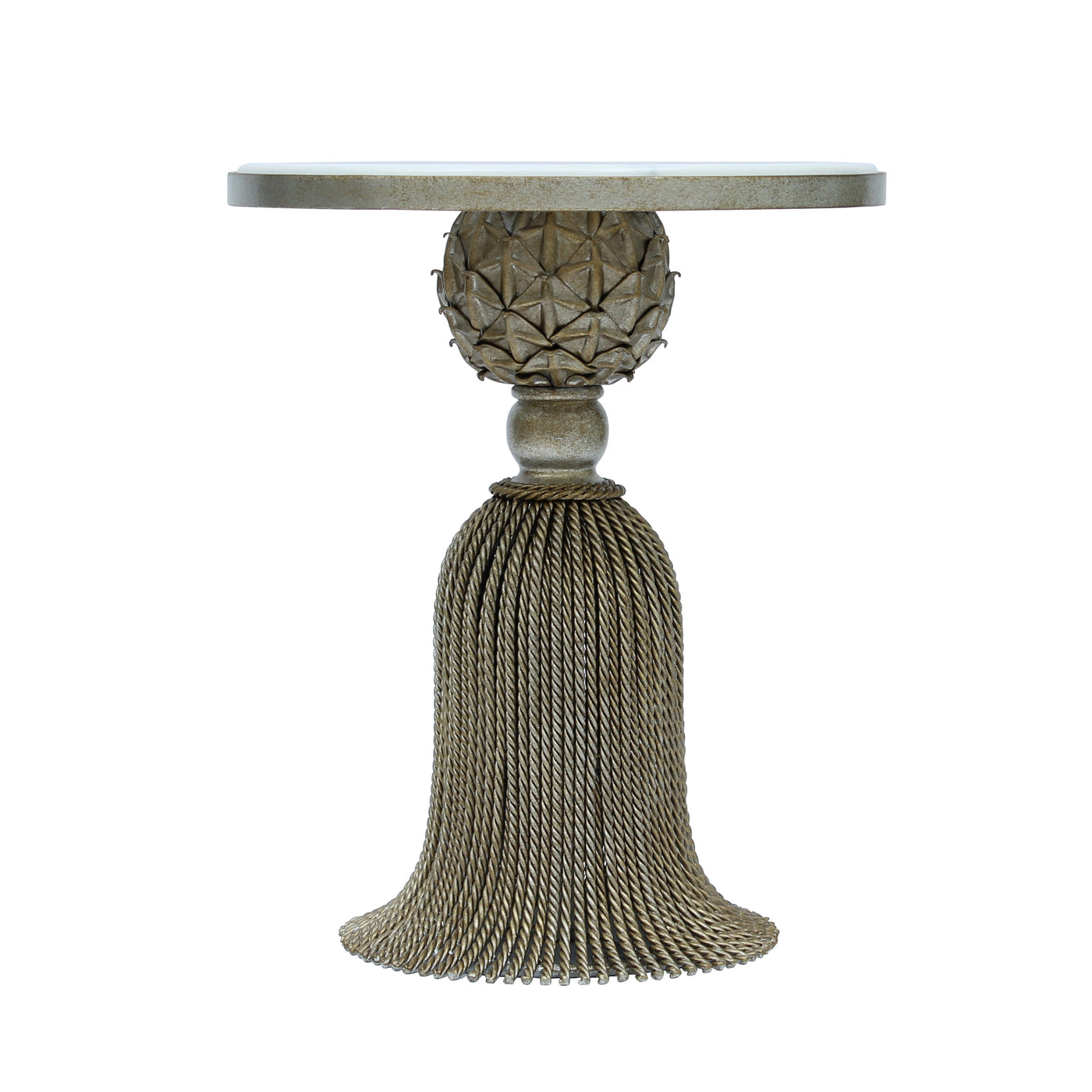Unique accent table inspired by the curtain's tie in antique silver finish and topped with white marble