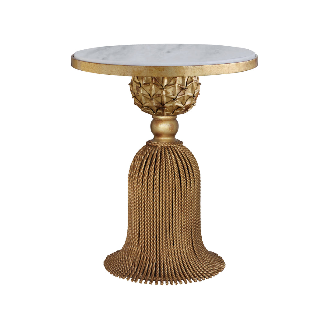 Luxurious accent table in the shape of a tassel in an antique golden finish topped with white natural marble