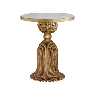 Luxurious accent table in the shape of a tassel in an antique golden finish topped with white natural marble