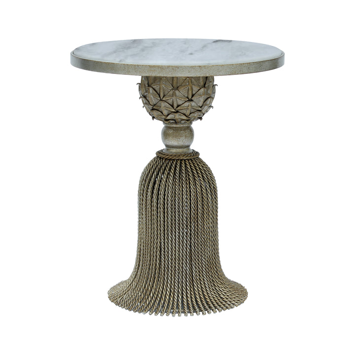 Luxurious accent table that looks like a tassel in an antique silver finish topped with natural marble