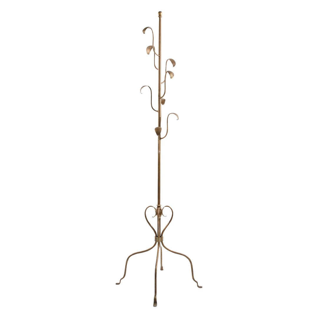 Unique metal forged clothes hanger stand with arms inspired by the branches of an aspen tree, painted in an antique bronze finish