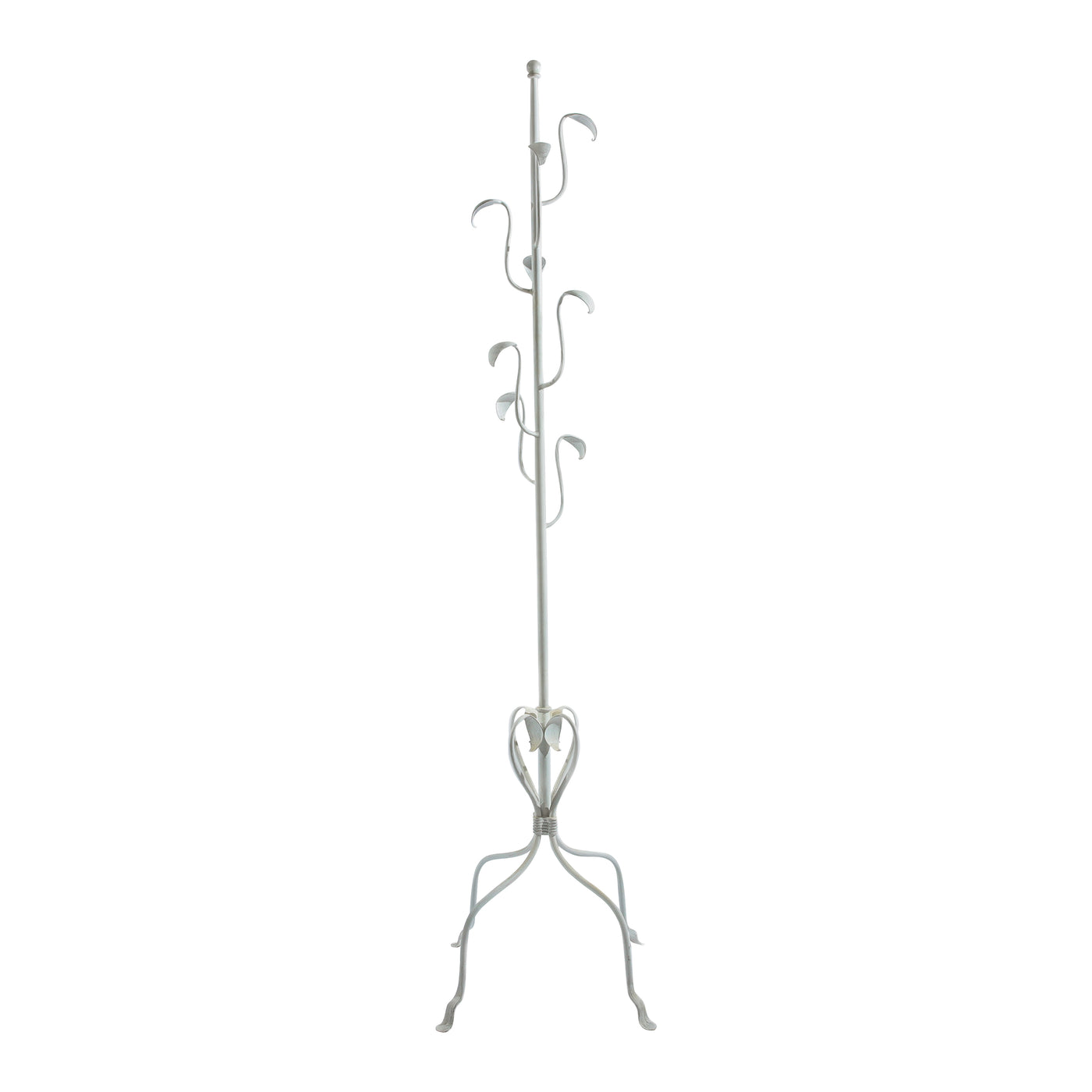 Unique metal forged clothes hanger stand with arms inspired by the branches of an aspen tree, painted in an antique white finish