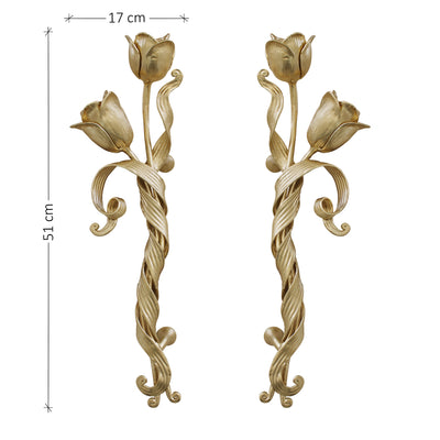 Pair of golden decorative pull handles inspired by tulips with annotated dimensions