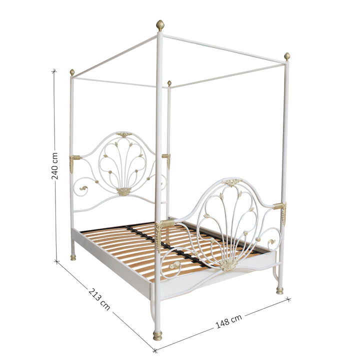 A classical metal single canopy bed with large scrolls and motifs, painted in a white and gold finish; with annotated dimensions