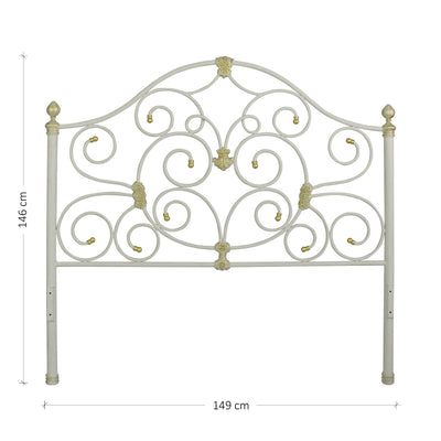 Handmade wrought iron headboard for a single bed with scrolls and classical motifs; with annotated dimensions