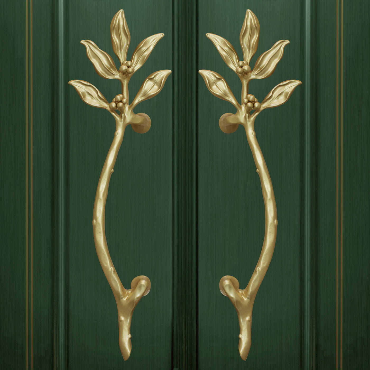 Decorative door handles with bay leaves painted in gold