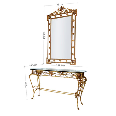 A classically styled handmade metal console and mirror painted in an antique gold finish; with annotated dimensions