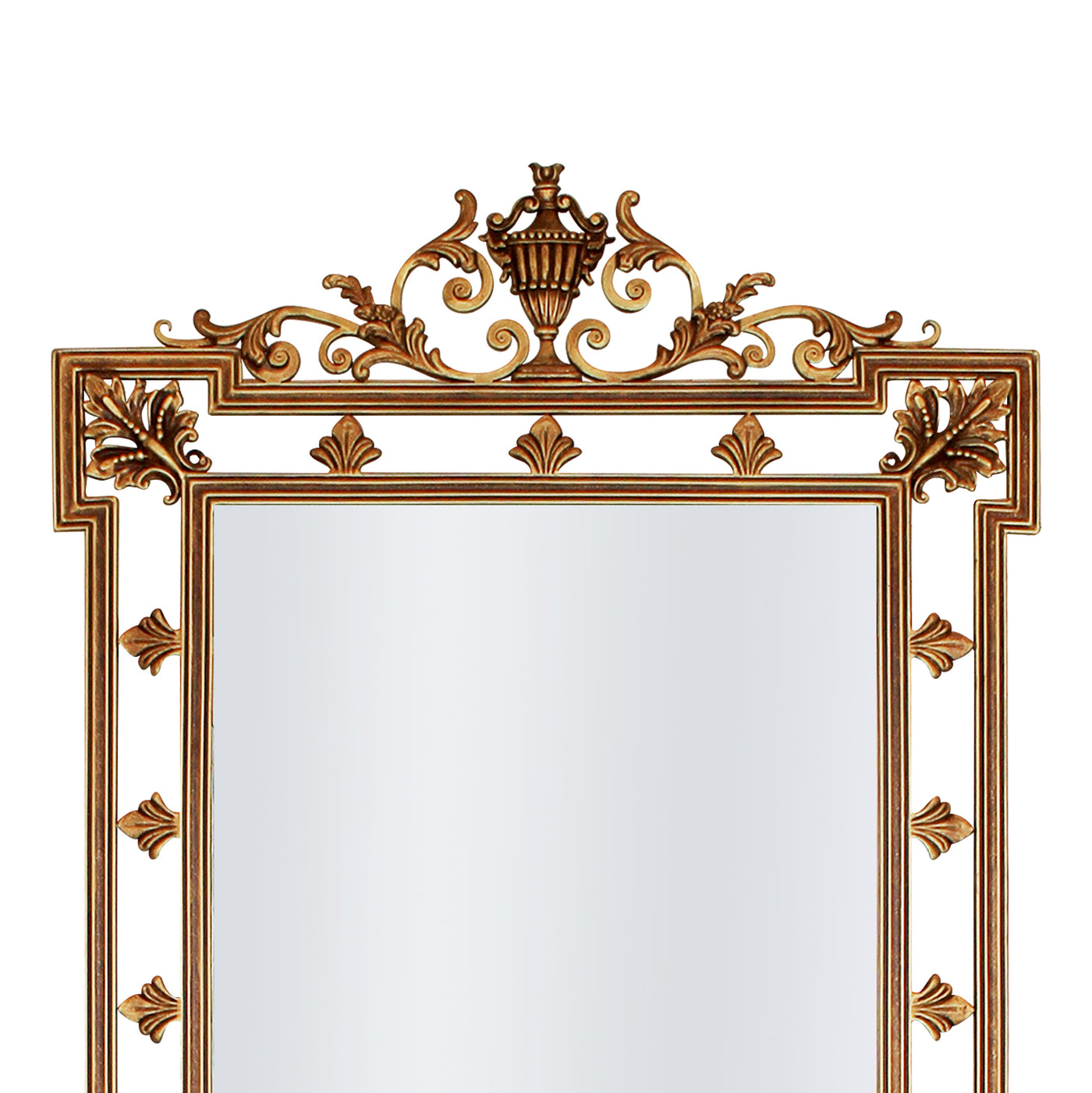 A close up of a rectangular hand forged mirror with classical motifs painted in an antique gold finish