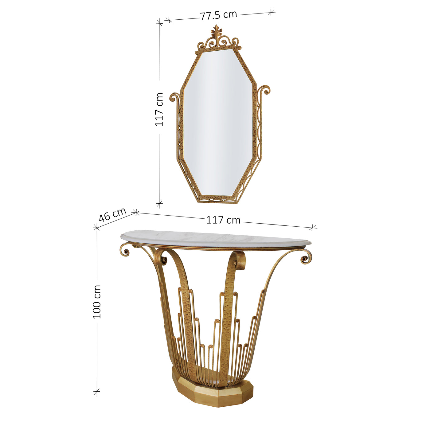 An Art Deco styled handmade metal console and mirror painted in an antique gold finish; with annotated dimensions