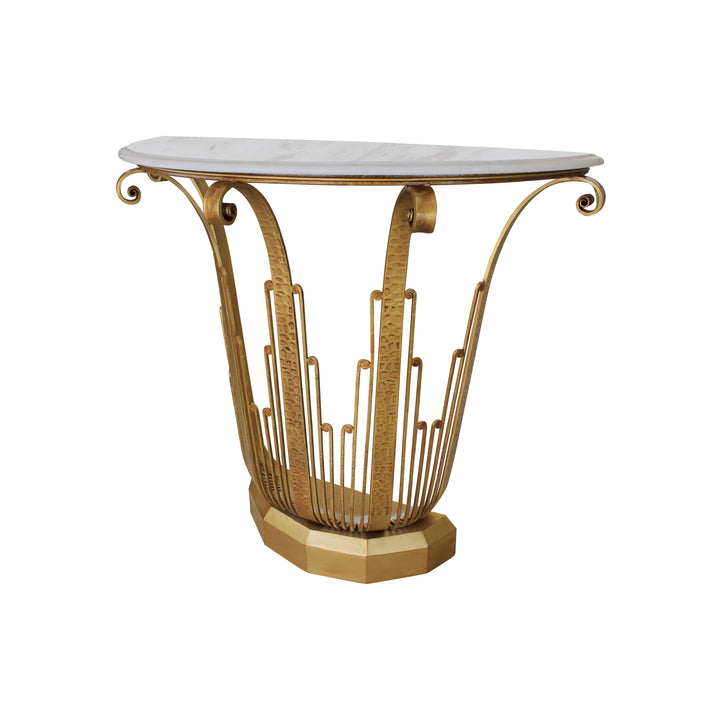 An Art Deco styled wrought iron console painted in an antique golden finish, topped with a semi-circular white marble with corniced edges
