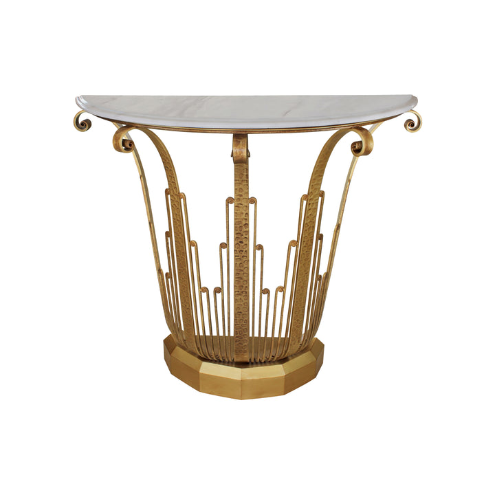 An Art Deco styled forged iron console table painted in an antique golden finish, topped with a semi-circular white marble with corniced edges