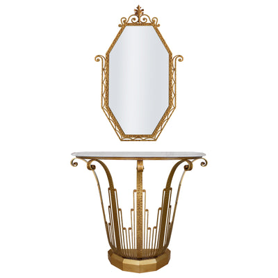 An Art Deco styled wrought iron console and mirror painted in an antique golden finish
