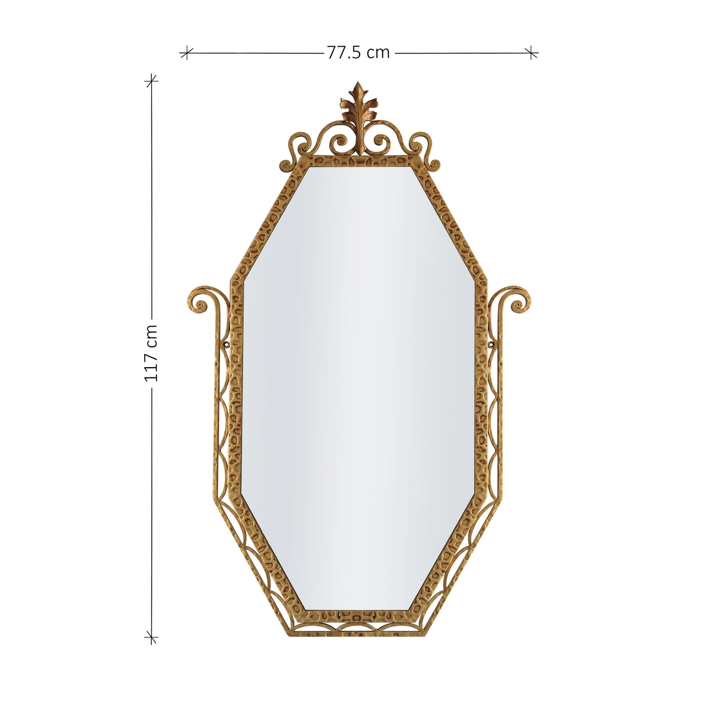 An Art Deco styled wrought iron mirror painted in an antique golden finish; with annotated dimensions