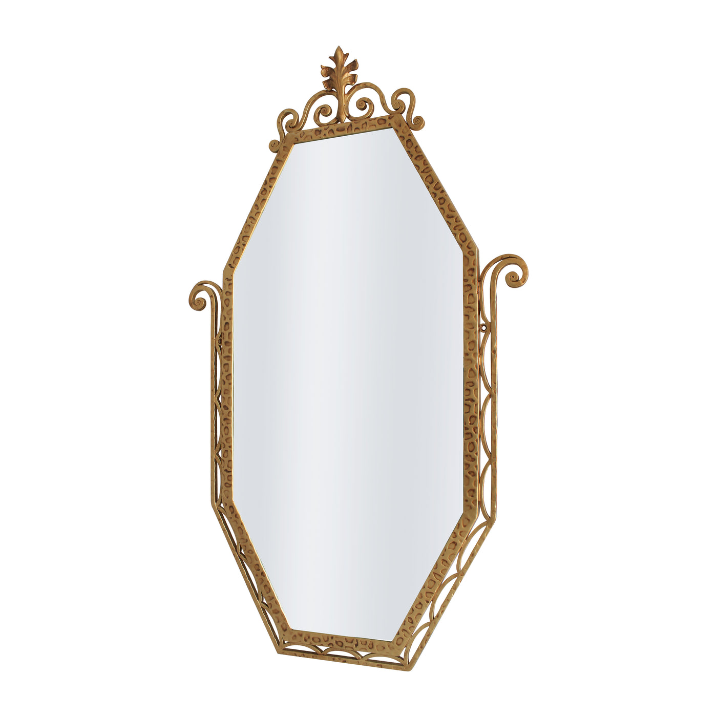 An Art Deco styled wrought iron mirror painted in an antique golden finish