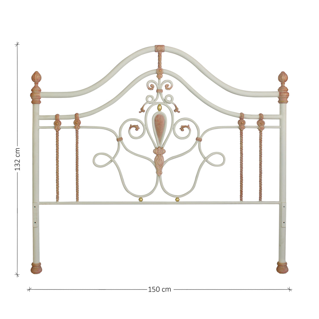 Wrought iron headboard for girls single bed with scrolls, leaves and motifs; with annotated dimensions