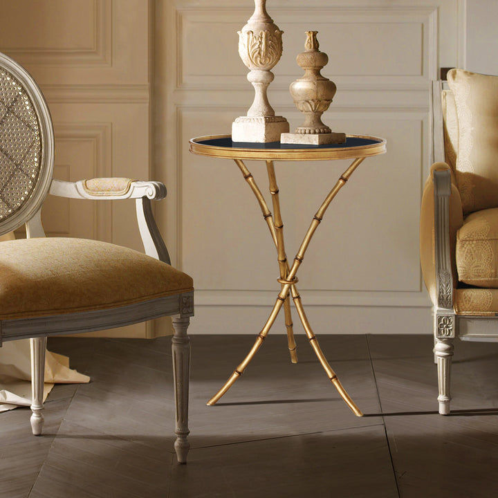 Contemporary metal side table with bamboo legs
