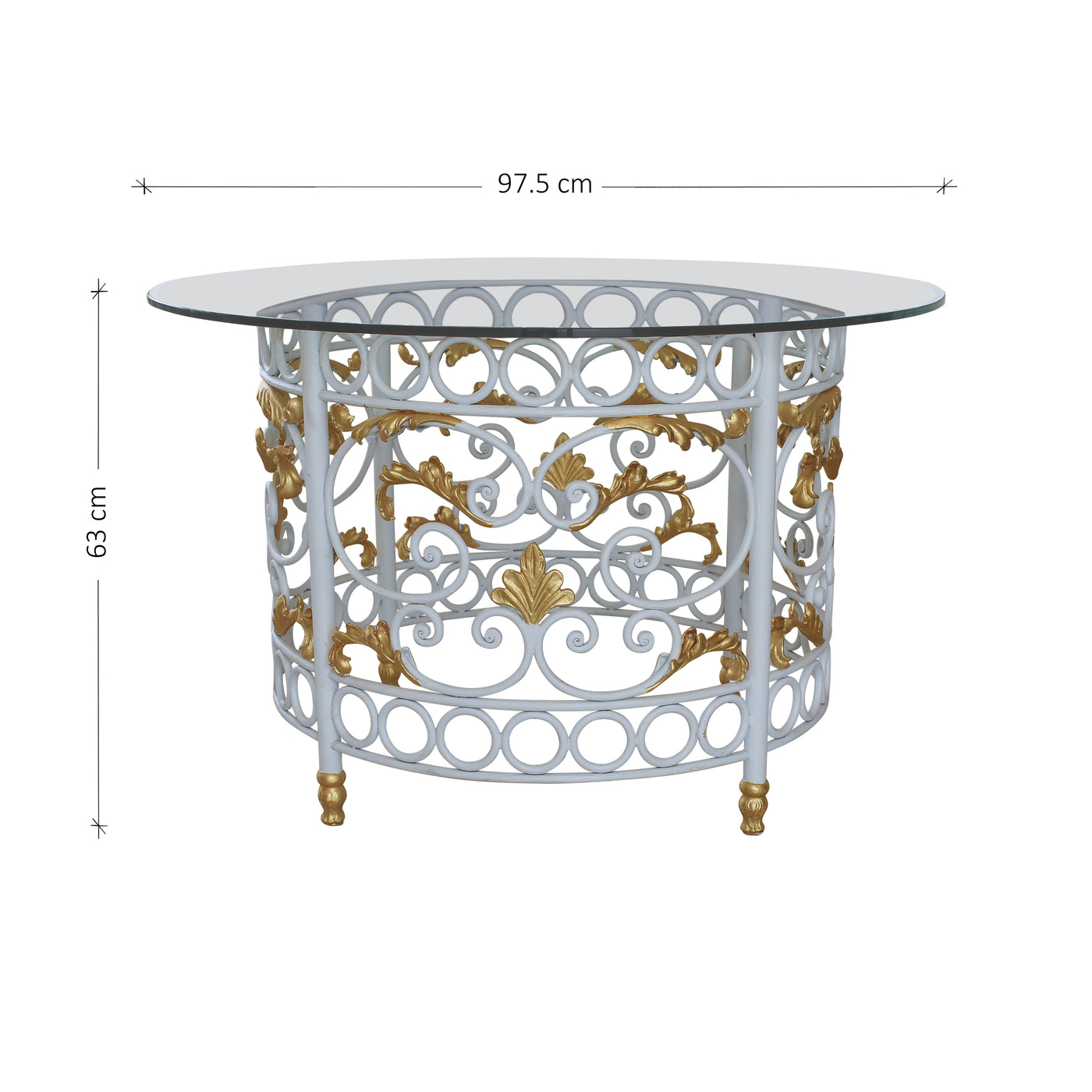 A classical round foyer table with a wrought iron base and a clear glass top; with annotated dimensions