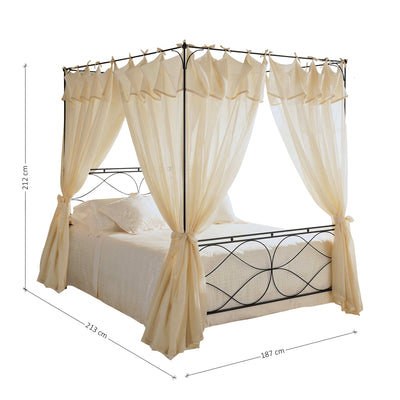 Luxurious metal double bed with an overhead canopy painted in black; with annotated dimensions
