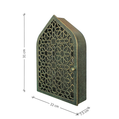 Key box with a geometric pattern and Islamic arched top with annotated dimensions