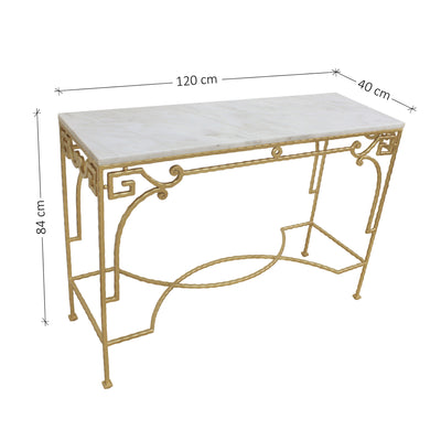 Wrought iron accent console table with golden base color and white marble top with annotated dimensions