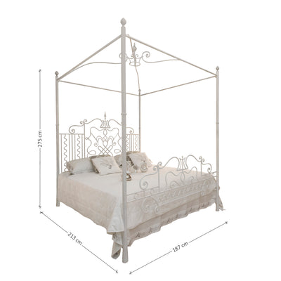 Luxurious wrought iron double bed with an overhead canopy painted in white; with annotated dimensions