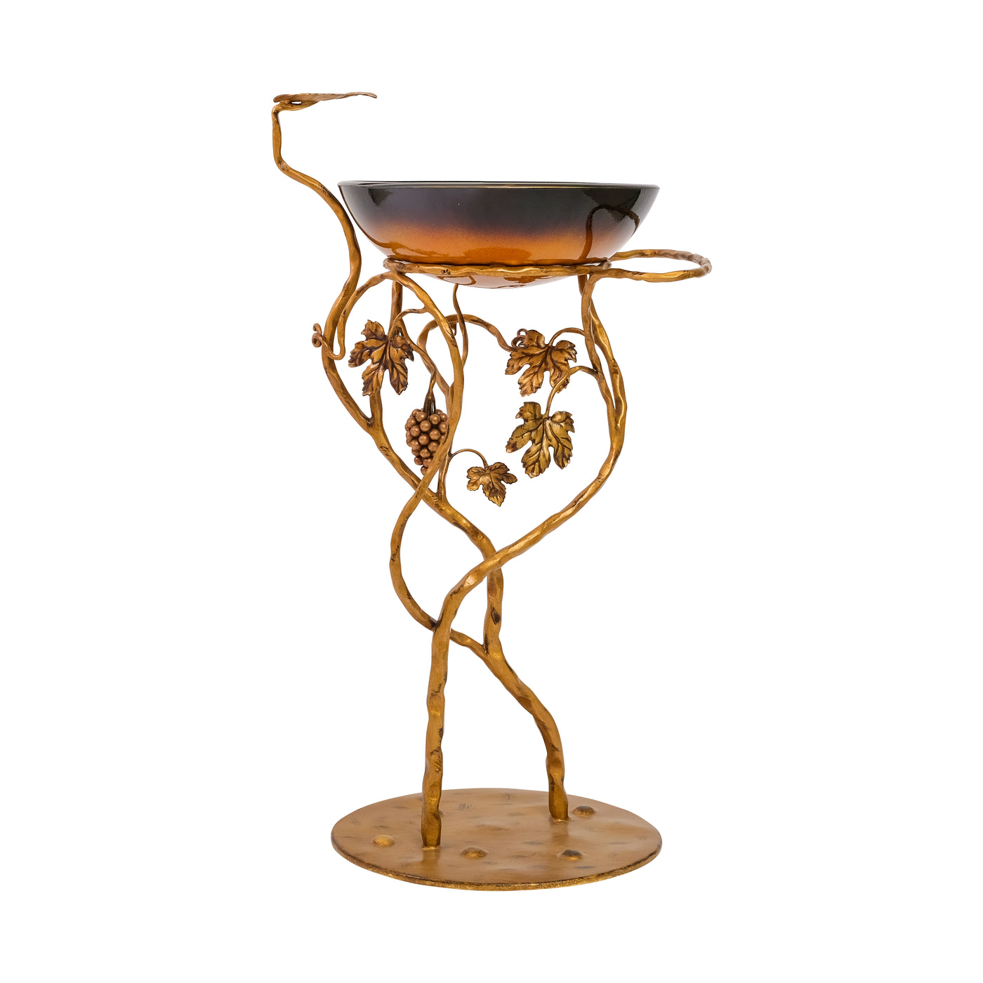 A hand forged metal wash basin stand with base mimicking vines and grapes, painted in an antique golden finish