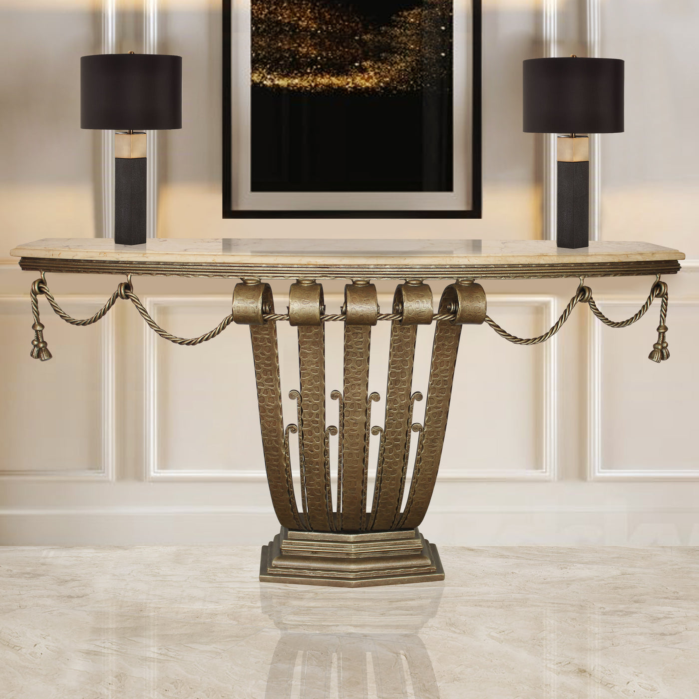 An Art Deco styled wrought iron console table painted in an antique bronze finish in a luxurious living space