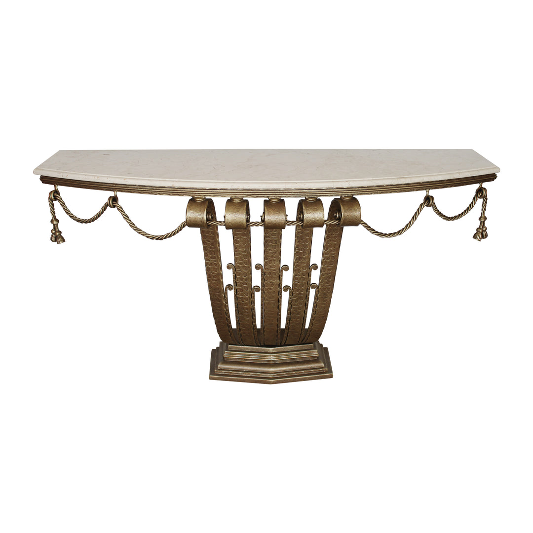An Art Deco styled forged iron console painted in an antique bronze finish, topped with a curved marble with corniced edges