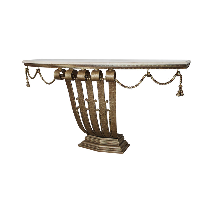 An Art Deco styled forged iron console painted in an antique bronze finish, topped with a curved marble with corniced edges