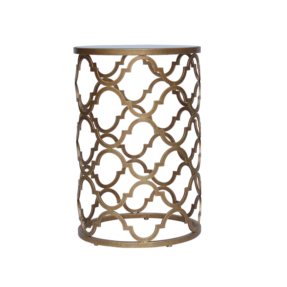 Contemporary bronze-gold accent table with a quatrefoil pattern, topped in glass