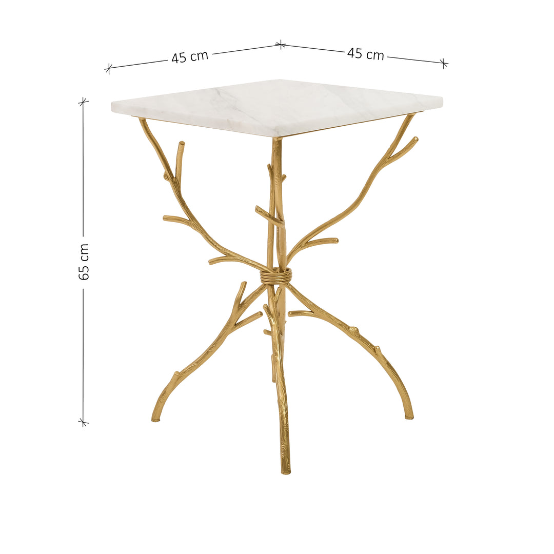 A novelty end table made of wrought iron with legs like twigs, topped with a square piece of marble