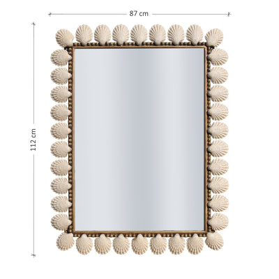 A unique rectangular mirror with metal seashells along its border painted in an antique finish; with annotated dimensions