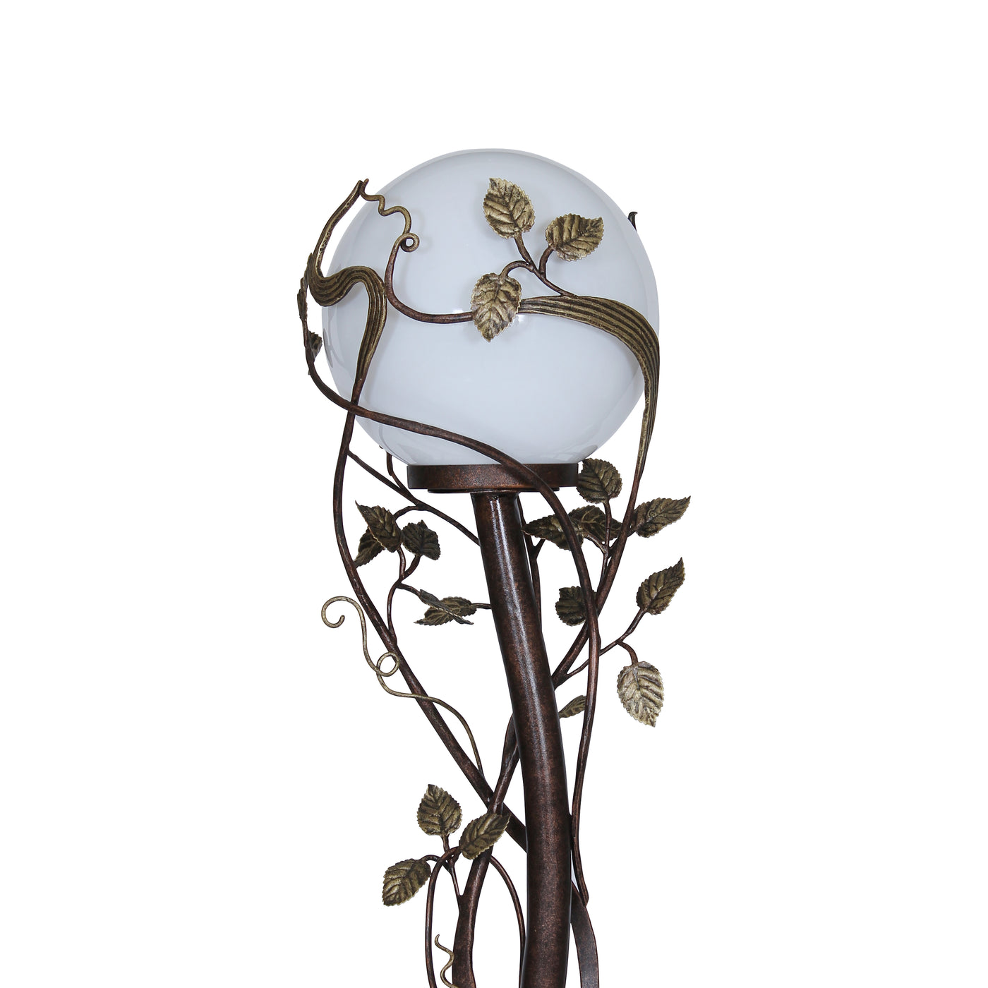 Top part of luxurious metal forged decorative floor lamp made up of stems and leaves, painted in an antique bronze finish