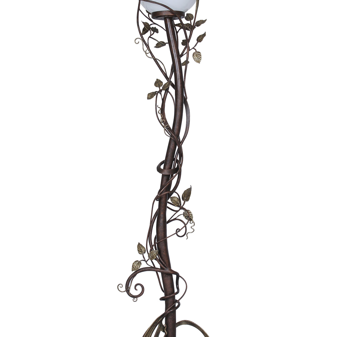 Body of a luxurious wrought iron decorative floor lamp made up of handmade stems and leaves, painted in an antique bronze finish