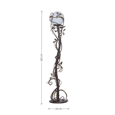 A unique handmade metal decorative floor lamp made up of stems and leaves, with annotated dimensions