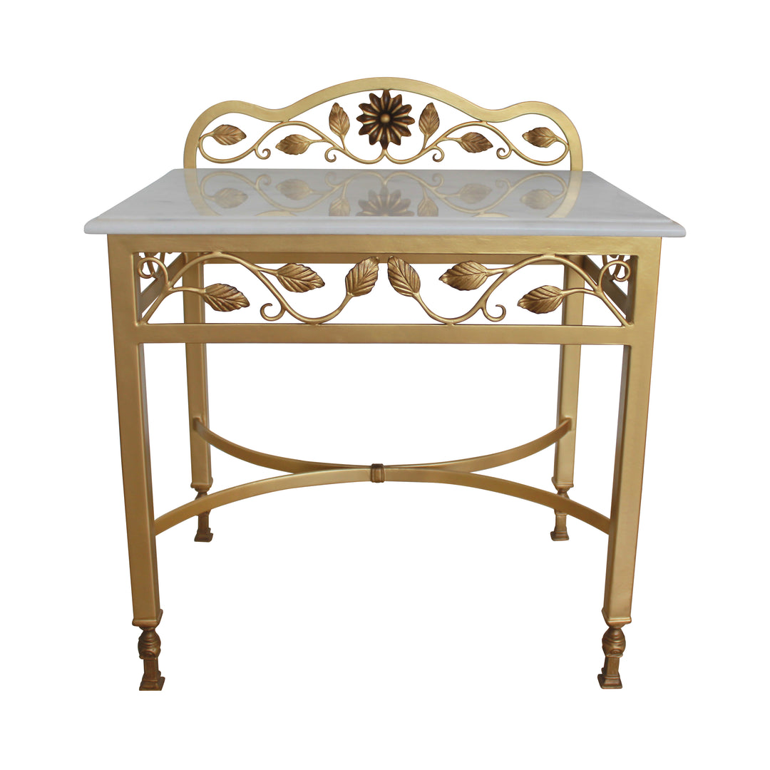 Metal bedside table painted in antique gold and topped with white marble