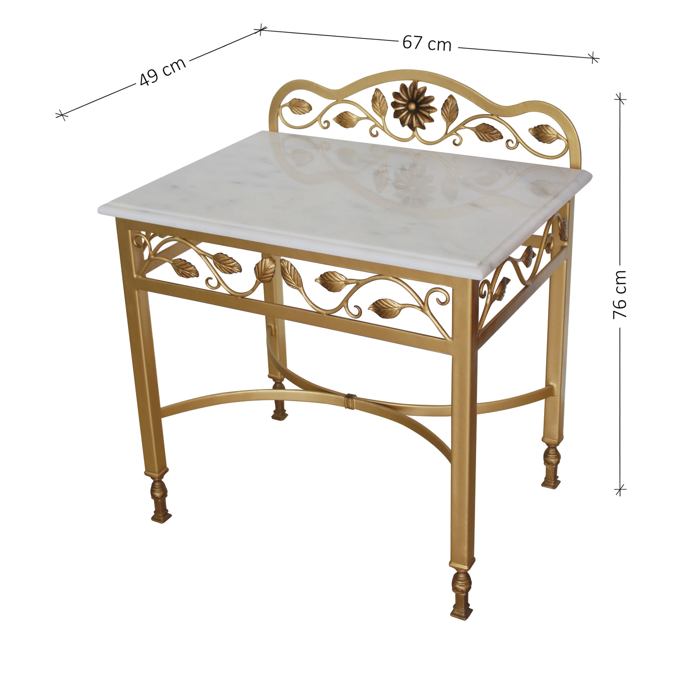 A classical wrought iron nightstand with annotated dimensions