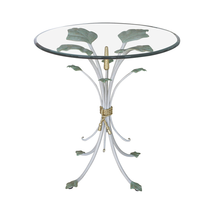 A novelty end table inspired by branches and leaves with a transparent glass top