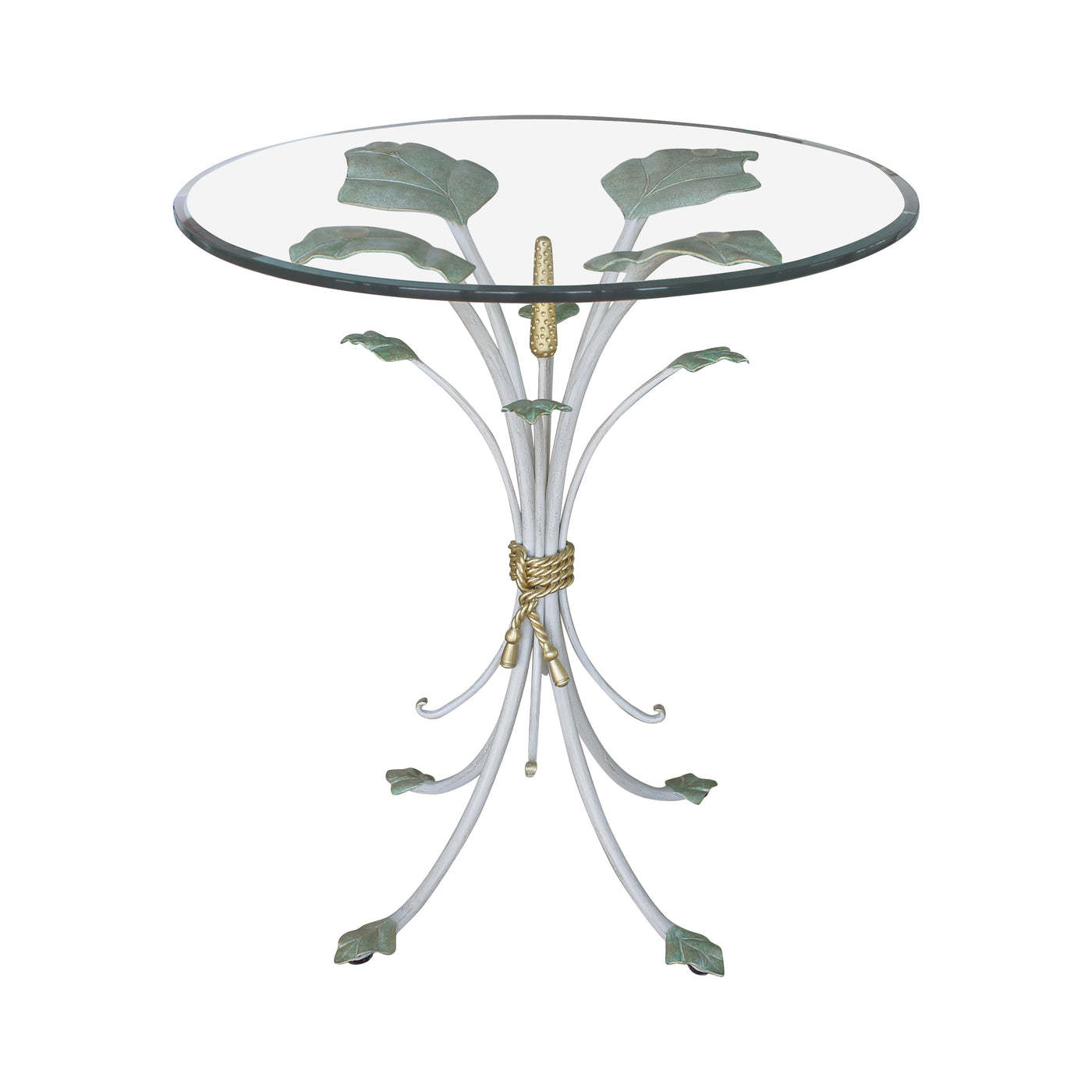 A novelty end table inspired by branches and leaves with a transparent glass top