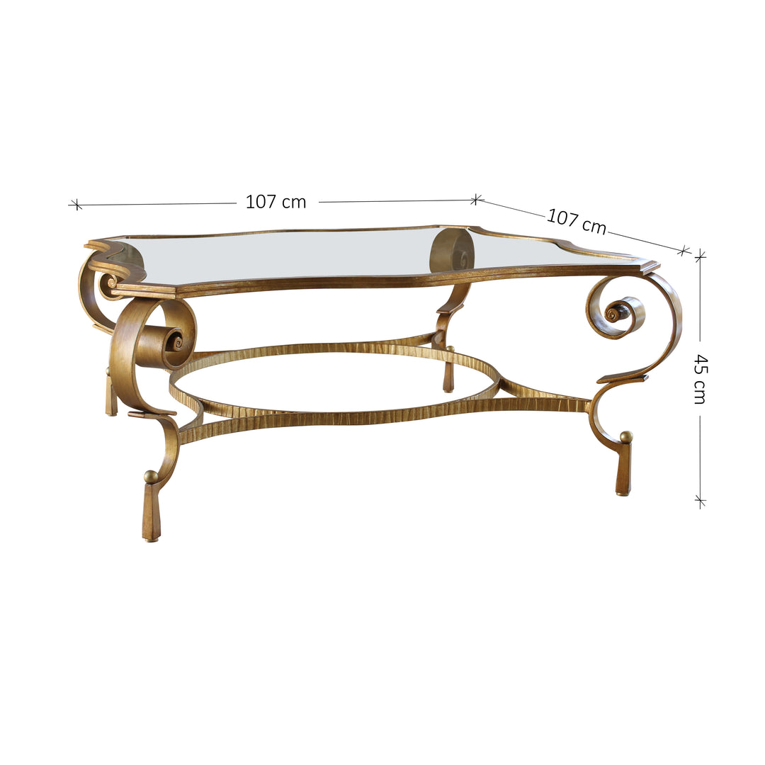 Dimensions for neo-classical design metal center table with glass top